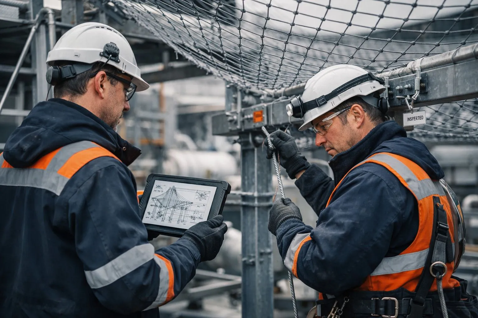 Осмотр и эксплуатационный контроль инженерной сетчатой системы защиты от БПЛА на промышленном предприятии