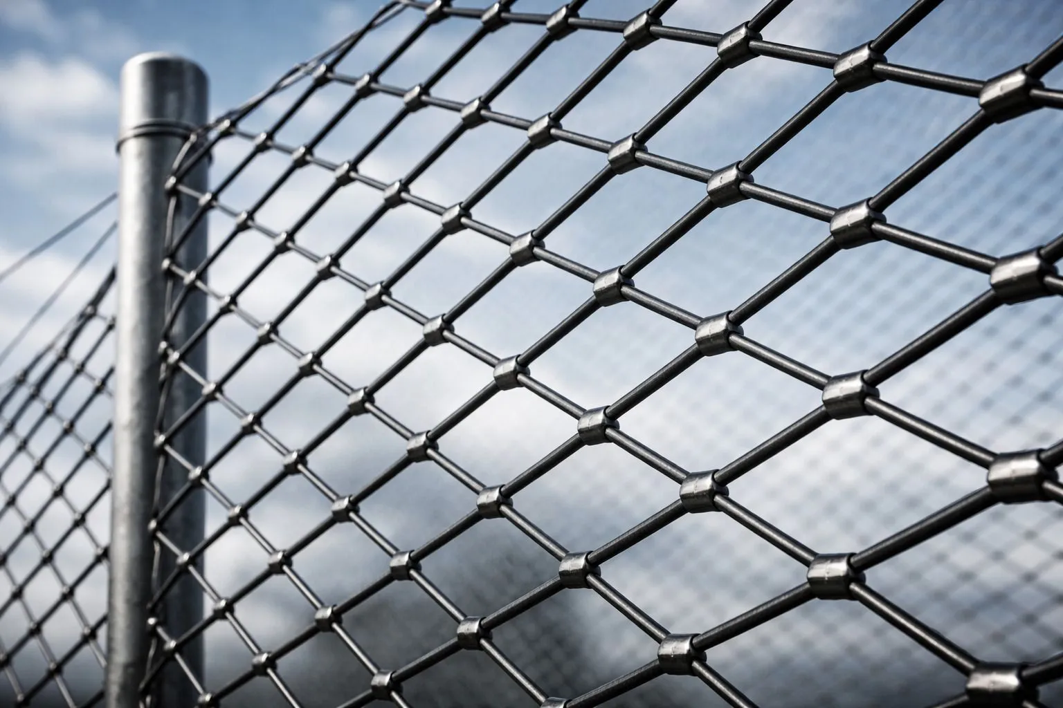 Макро-деталь высокопрочной стальной сетки с ромбовидной ячейкой для инженерной защиты объектов от БПЛА