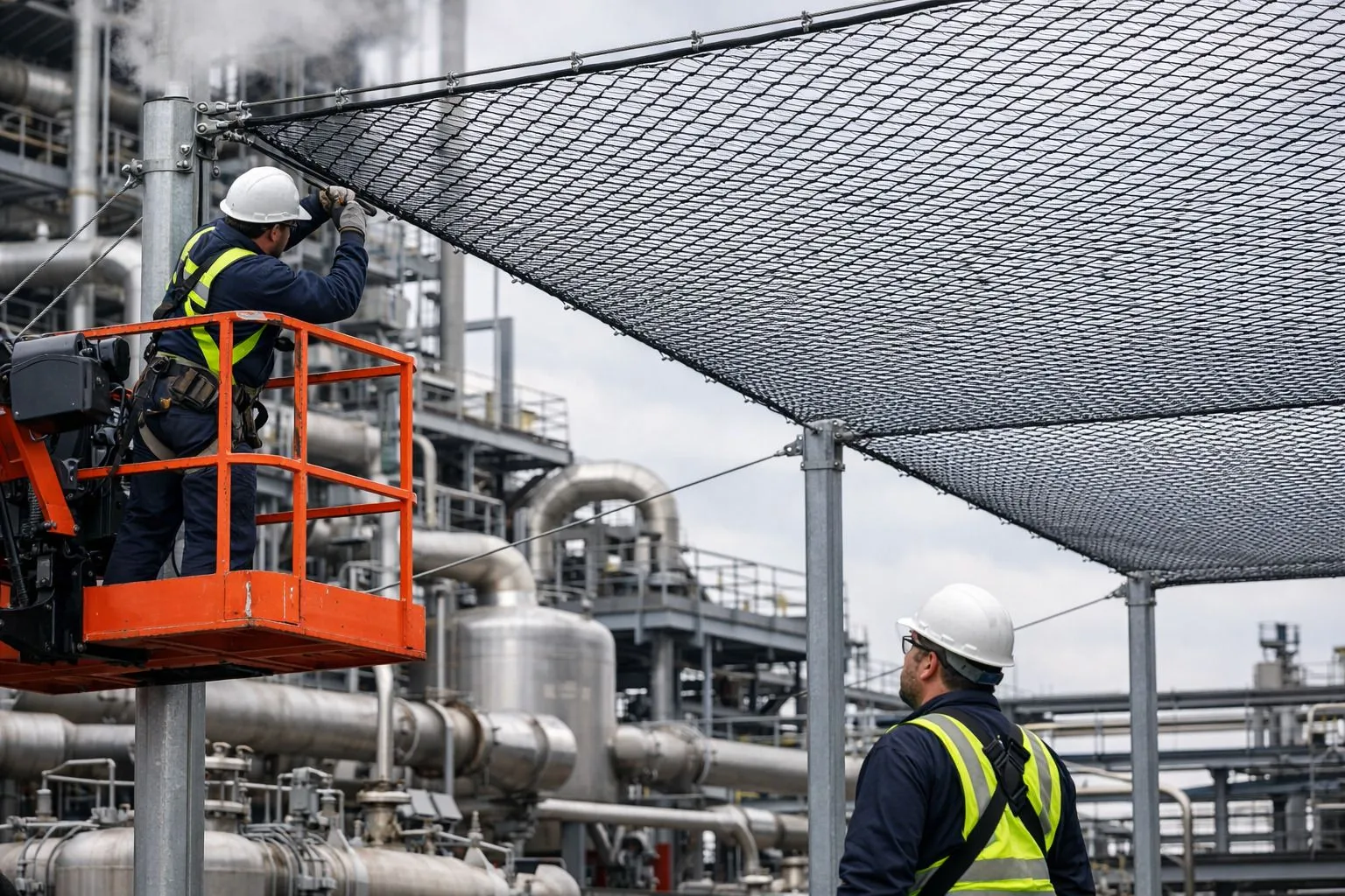 Монтаж инженерной сетчатой защиты от БПЛА на действующем промышленном объекте без остановки процессов