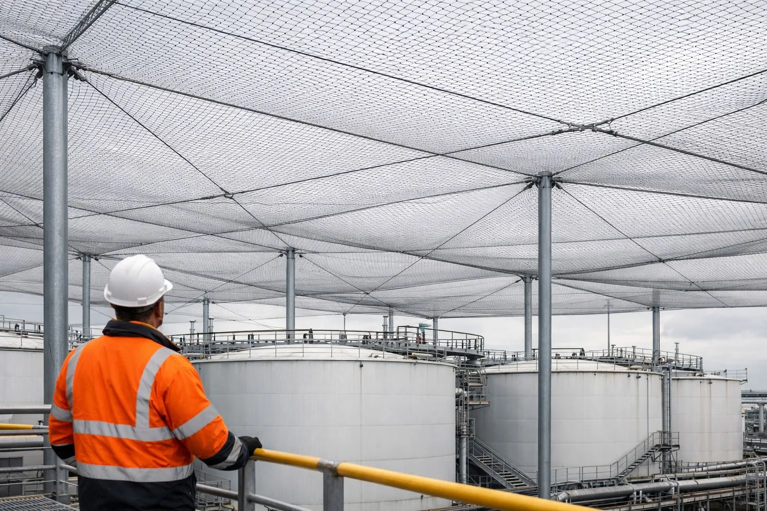 Инженерная сетчатая система защиты от БПЛА над группой промышленных резервуаров на нефтехранилище