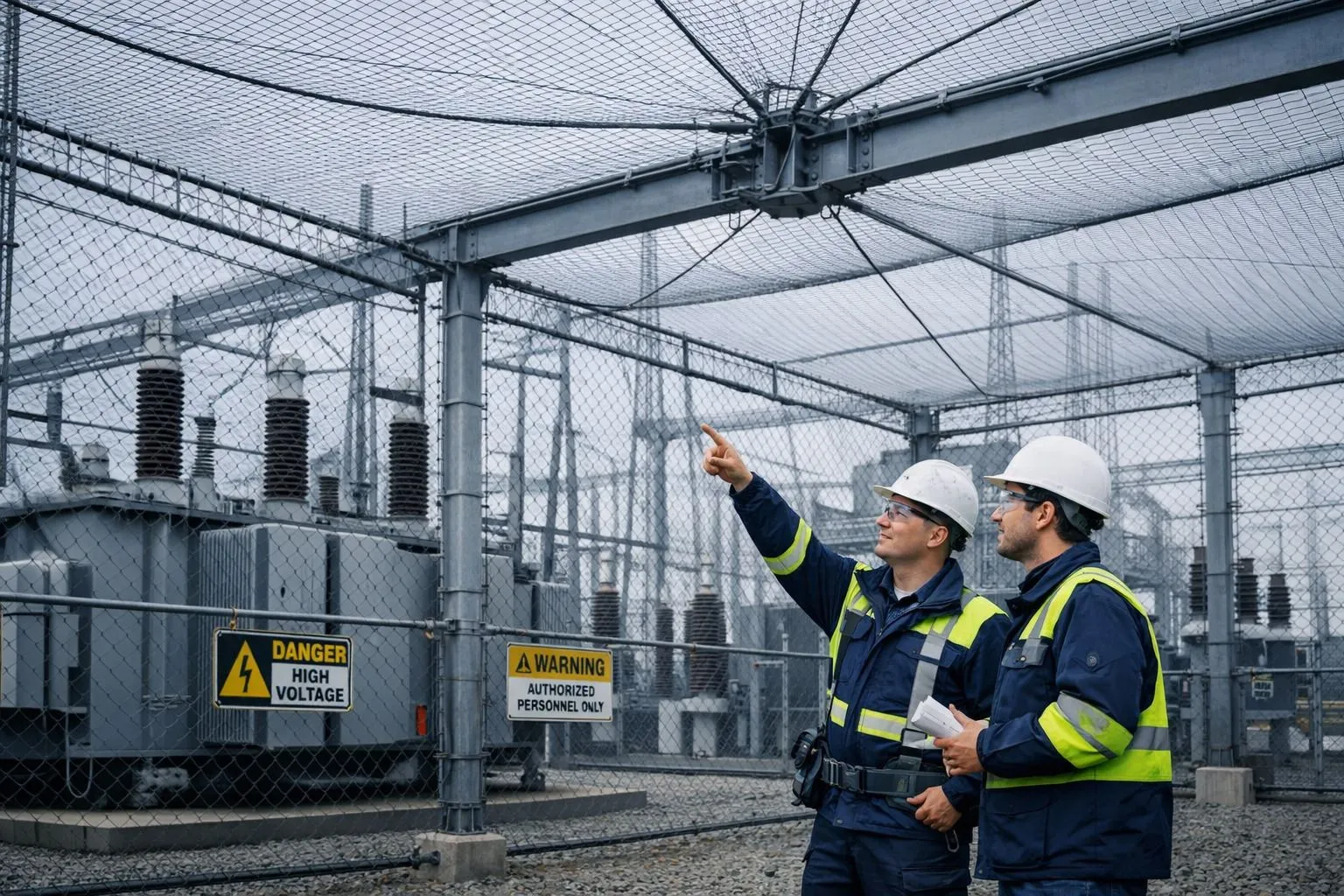 Подстанция с инженерной сетчатой защитой от БПЛА и специалистами, выполняющими осмотр конструкции