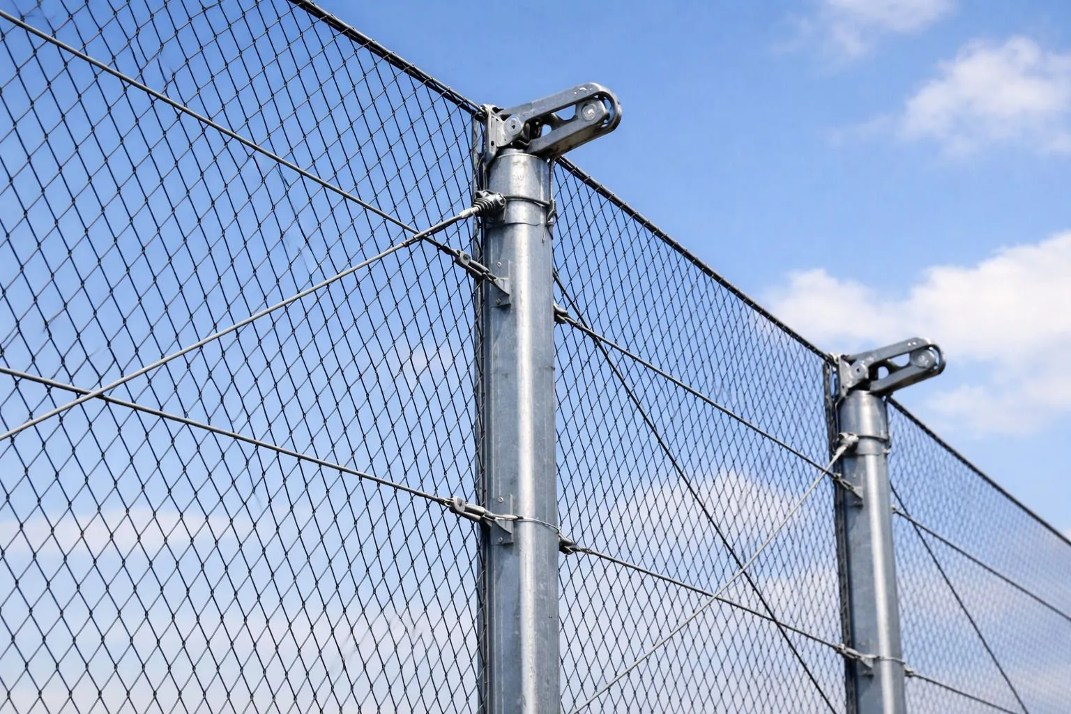 Оцинкованные стойки, натяжные канаты и стальная сетка защитно-ограждающей конструкции для защиты объектов от БПЛА