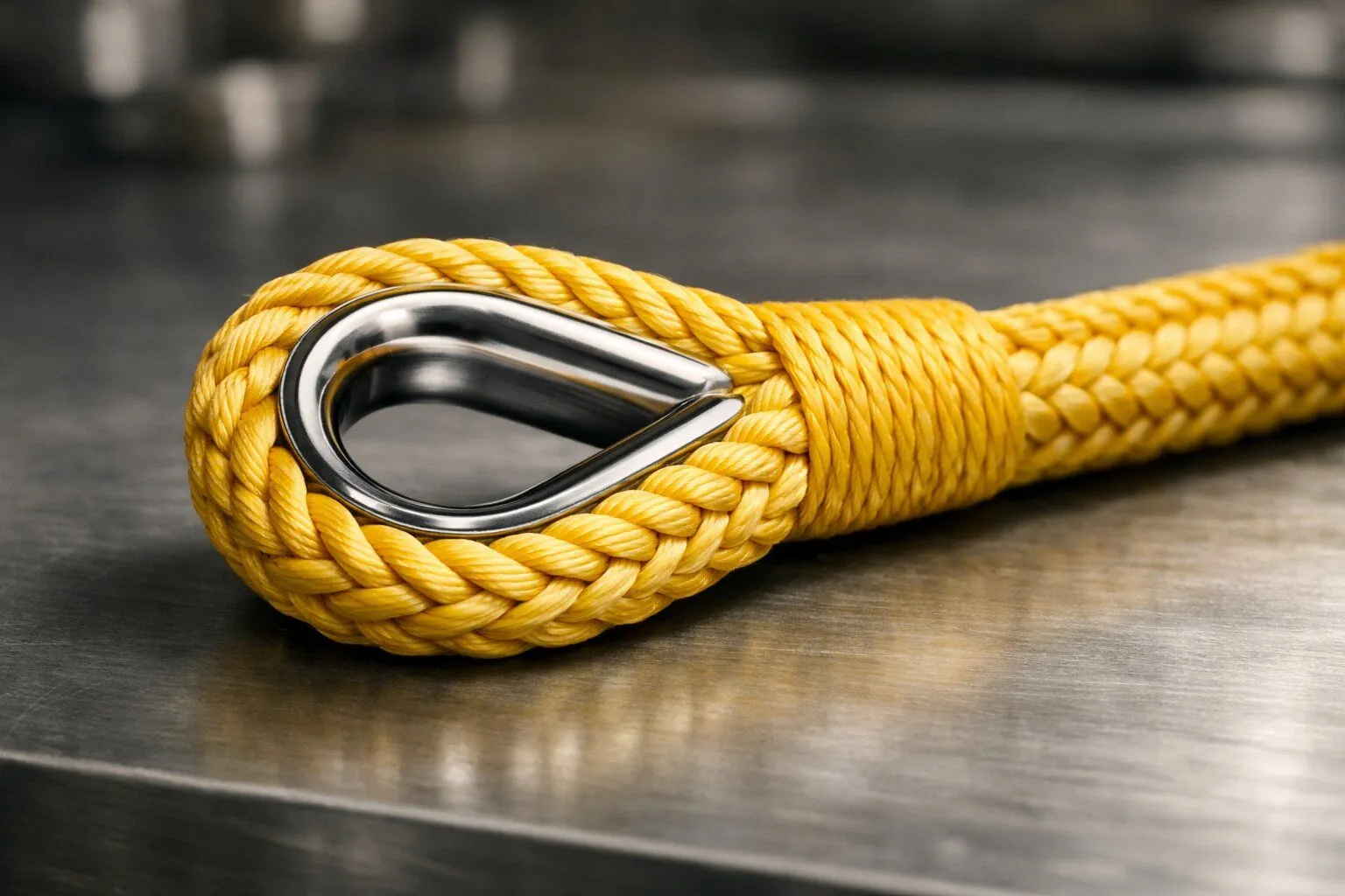 Петля на синтетическом тросе с металлическим коушем после правильной заплетки