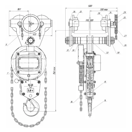 Таль ручная шестеренная передвижная СВПК ТРШБМ г/п 5 т, L=9 м - дополнительное фото 5